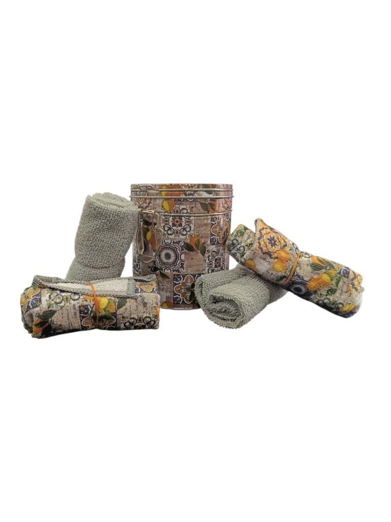 Contenitore in latta con 4 strofinacci