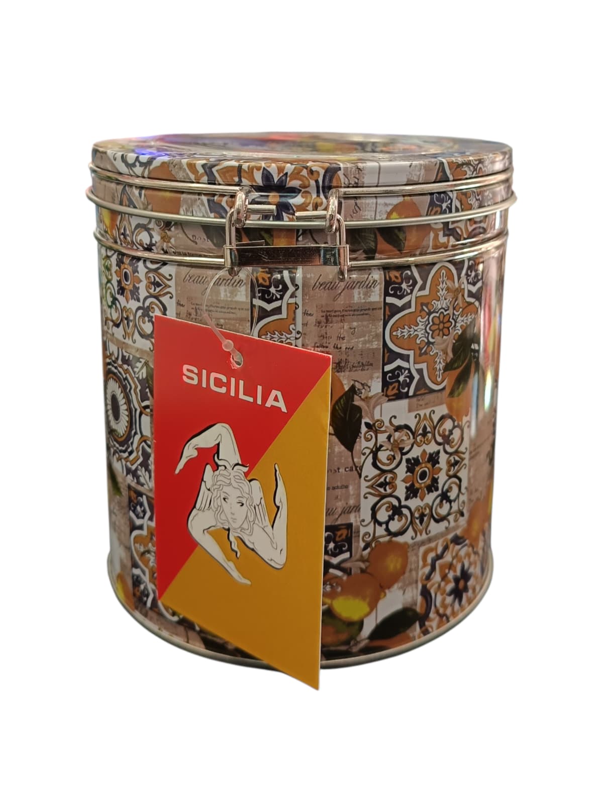 Contenitore in latta con 4 strofinacci dietro Contenitore in latta con 4 strofinacci dietro