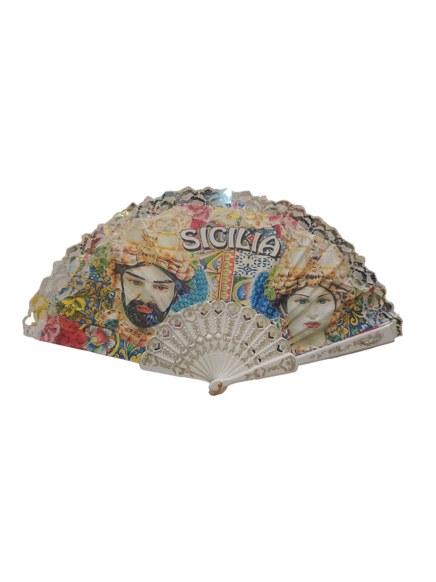 Ventaglio Siciliano con pizzo bianco e teste moro